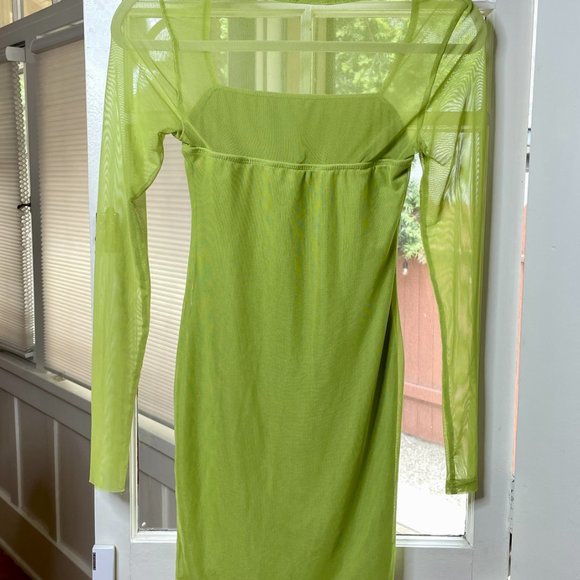 Slinky Lime Neon Green Mesh Long Sleeve Mini Dress - Picture 5 of 7